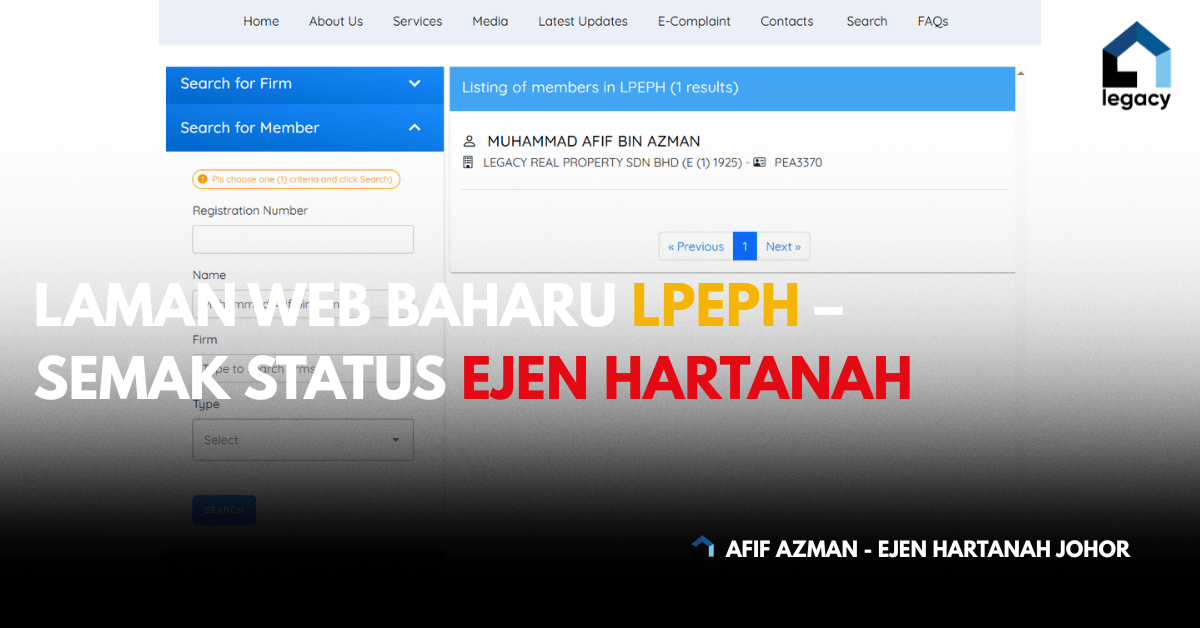 Laman Web Baharu LPEPH – Semakan Status Ejen Hartanah Sah